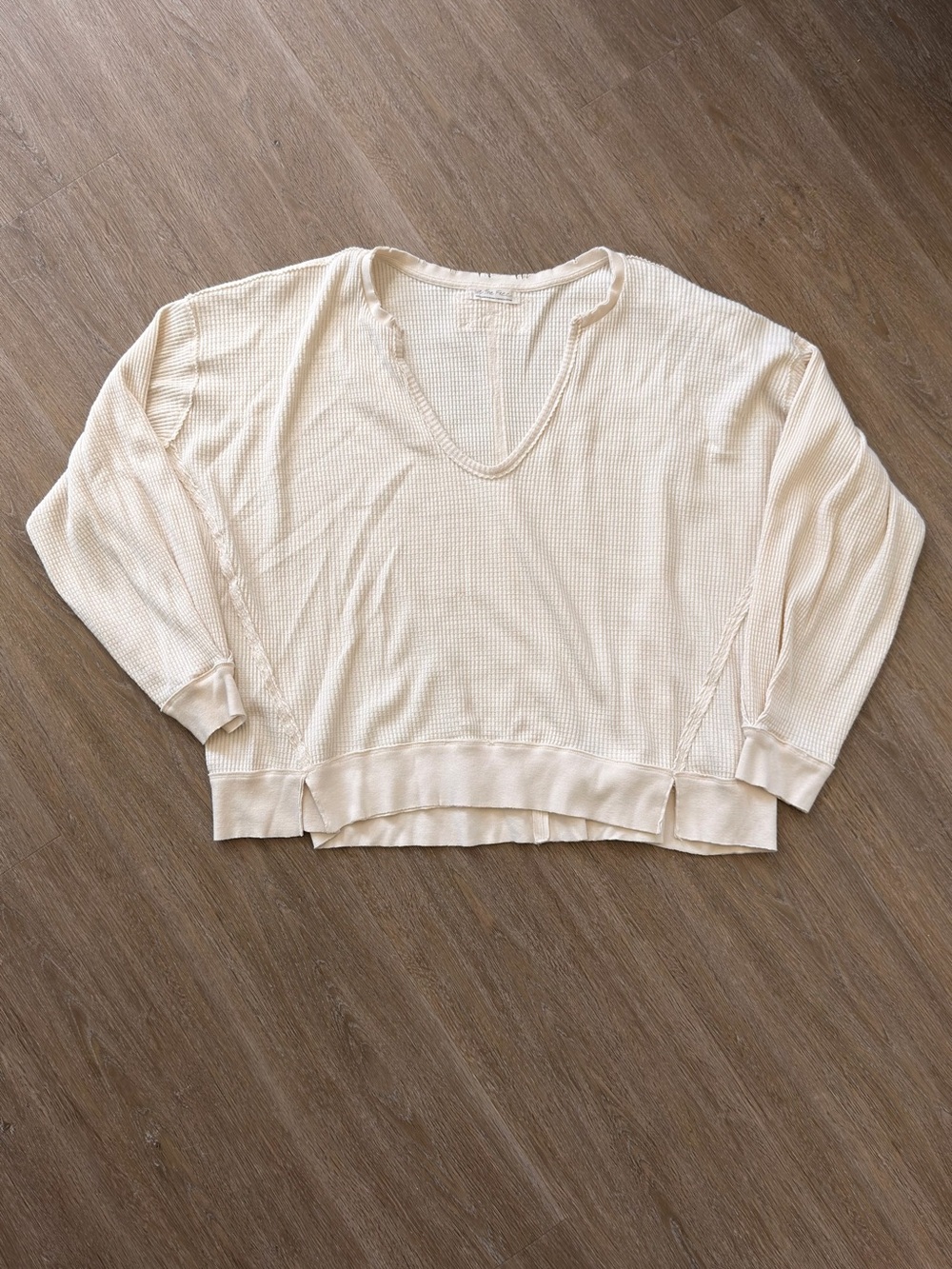 Free People Ivory Waffle V-Neck Long Sleeve Top